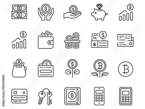 Set of modern finance and cryptocurrency icons in line style