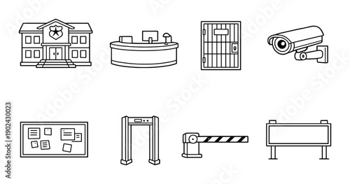 Hospital security icons: reception, surveillance, entrance control, information display