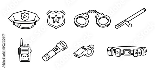 Police equipment icons set including hat, badge, handcuffs, baton, radio, flashlight, whistle, belt