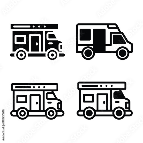Four stylized vector illustrations of camper vans and RVs