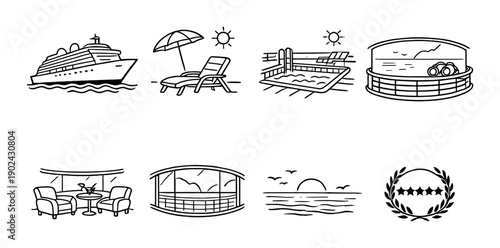 Icons of cruise ship, beach, pool, theater, lounge, sunset, and award badge