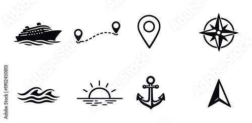 Nautical icons: cruise ship, map pin, anchor, compass, waves, navigation