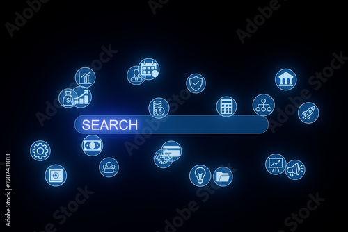Modern digital interface showing diverse icons and search bar for data exploration at night
