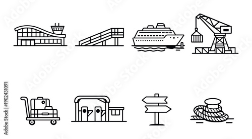 Simple icons of travel and transportation: airport, cruise ship, crane, luggage, checkpoint, signpost, rope