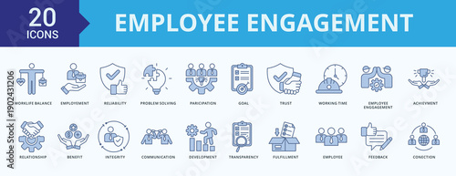 Employee Engagement Icon Pack Illustration Vector Blue Style with worklife balance, employment, reliability, problem solving, participation, goal, 