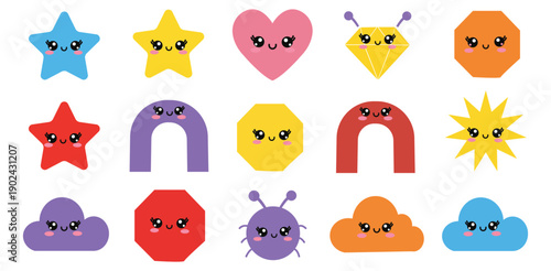 A colorful collection of cartoon shapes with smiling faces on a white background