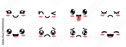 Kawaii face expressions, funny chibi faces, cute emoticon set, cheerful smiling, laughing, winking, angry, sad cartoon, simple anime vector
