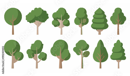 Green flat trees vector illustration set for infographics and eco design