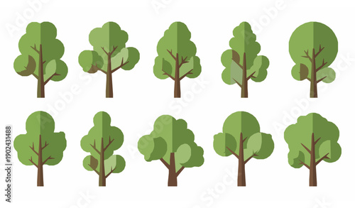 Flat green tree illustrations vector set for books banners and infographics