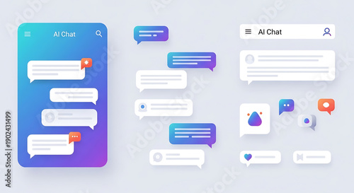 A vector graphic illustration of a mobile phone and computer screen displaying AI chat interface with speech bubbles and conversation icons.