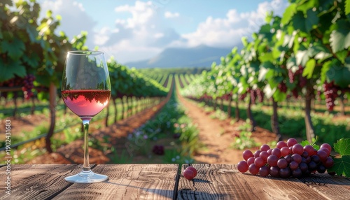 Wine glass on wooden table with grapevine plantation in the background with copy space