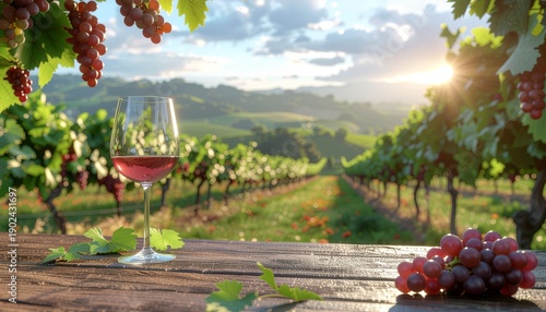 Wine glass on wooden table with grapevine plantation in the background with copy space