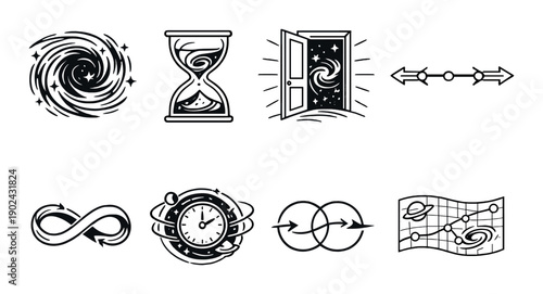 Monochrome time and space symbols: infinite, hourglass, galaxy, arrows, clock, continuum