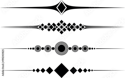 Set of black abstract graphic dividers with geometric shapes and sharp lines, modern design elements