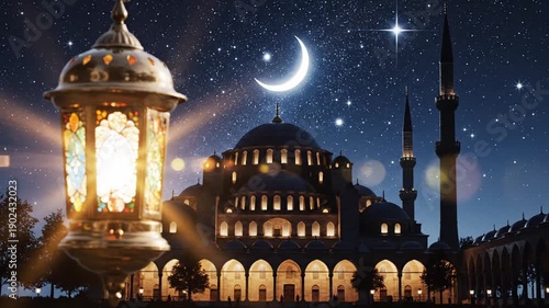 Ramadan Lantern & Mosque at Night Sky with Crescent Moon and Stars, Cinematic Ramadan Background