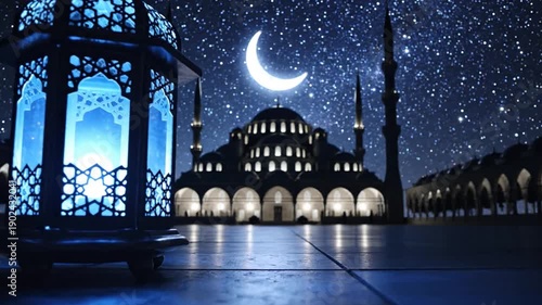 Ramadan Lantern and Mosque at Night, Crescent Moon, Starry Sky, Cinematic Shot, Festive Atmosphere, Islamic Holiday