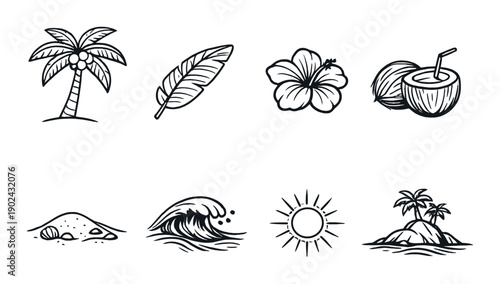Tropical icons: palm, feather, hibiscus, coconut, island, wave, sun