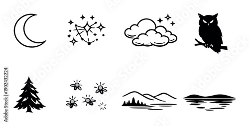 Nature icons: moon, constellation, cloud, owl, tree, flowers, mountains, lake