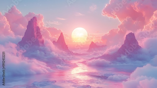Surreal pastel mountains emerge from soft pink clouds surrounding a bright sun over calm water