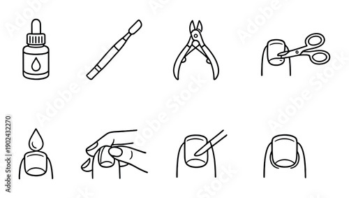 Manicure tools and nail care techniques icon set on gray background