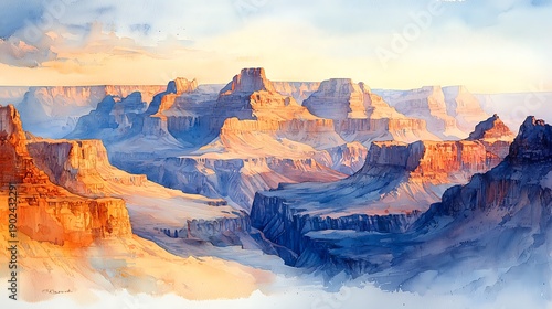 Vast canyon landscape with layered rock formations illuminated by warm golden hour light watercolor painting