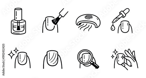 Black and white icons of nail care and grooming steps