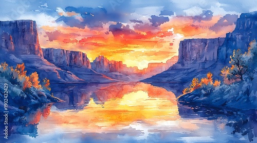 Watercolor painting of majestic rock formations reflecting in a calm body of water during a vibrant sunset