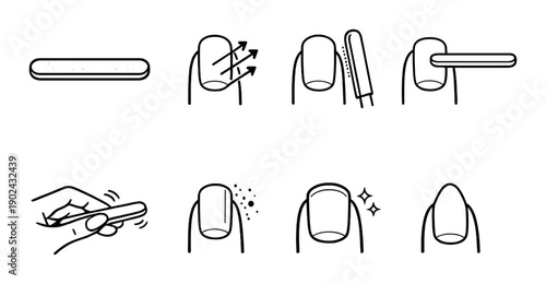 Nail filing technique step-by-step guide with hand and nail diagram