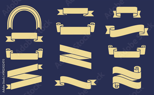 Collection of beige banners and ribbons on a navy blue background, versatile graphic elements for design