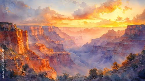 Majestic canyon landscape bathed in warm glowing sunset light with dramatic clouds