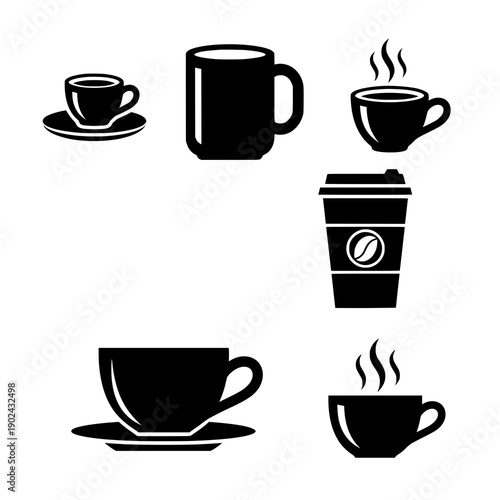 Coffee and tea cup icon silhouette black vector drink set on white background