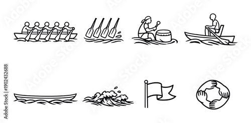 Rowing icons: team, solo, drumming, boat, waves, flag, teamwork symbol