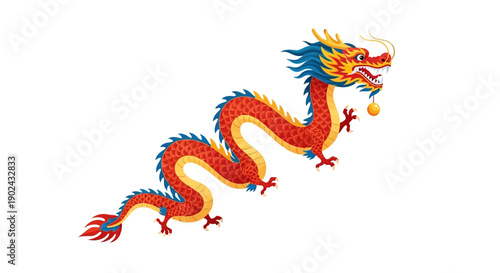 Vibrant dragon illustration with red, gold, and blue scales on a white background, symbolizing Chinese New Year celebrations with a traditional dragon dance theme.