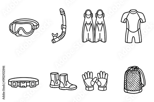 Diving gear set: mask, snorkel, fins, wetsuit, weight belt, boots, gloves, tank