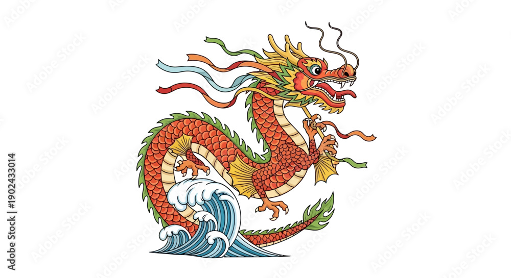 Fototapeta premium Vibrant dragon illustration with red, gold, and green scales riding a wave, symbolizing Chinese New Year celebrations with traditional dragon dance and wǔshī elements in a colorful, festive
