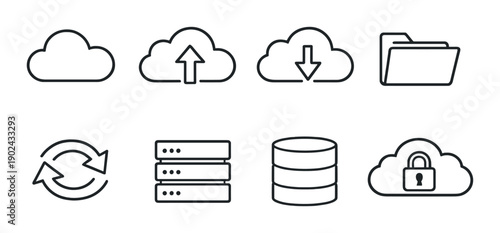 Cloud computing icons with upload download data security and database symbols