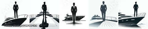 Silhouette Vector Illustration of a Man Standing on a Boat