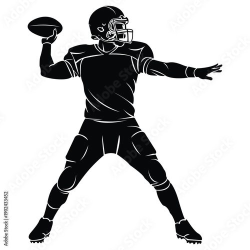 A football player in a black uniform throwing a ball with a white background