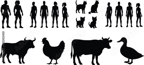 Diverse Silhouette Collection: People, Pets, and Farm Animals for Design Elements