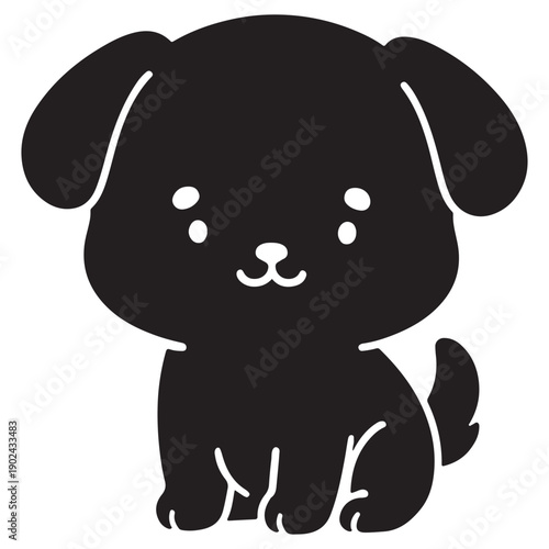 Adorable black puppy with big eyes and floppy ears, a cute cartoon illustration.