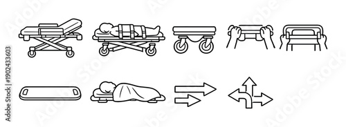 Medical stretcher icons on gray background illustrating patient transport and emergency care