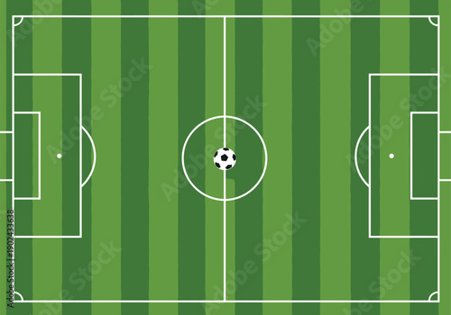 Vertical Top Down View of Green Soccer Field Background with Vertical Stripes and Ball at Center Circle for Football Match Tactics and Sports Design