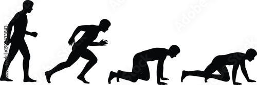 Athlete sprint start silhouette sequence, runner preparing and launching into race, sports training and speed concept illustration isolated on white background.