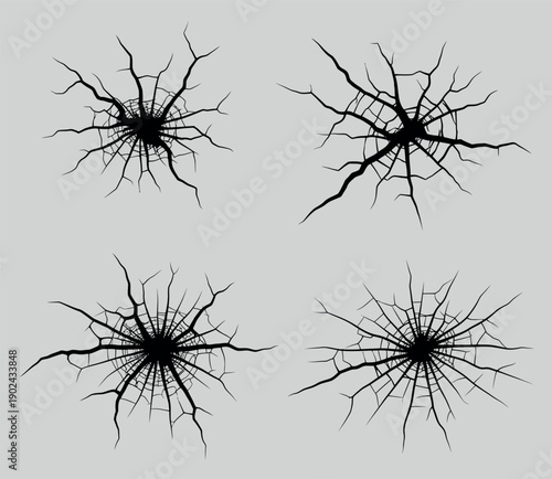Set of four cracked glass or ground textures, graphic elements for destruction or impact