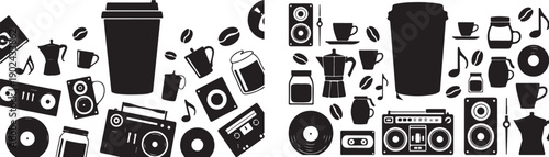 Black and white coffee and music equipment speakers