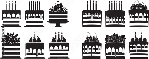 Black and white birthday cakes with candles and decorations