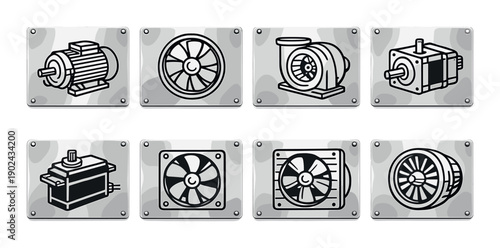 Industrial motor and fan icons on metallic background