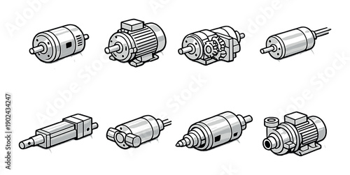 Variety of electric motors and gear mechanisms on gray background