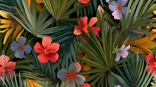 Vibrant tropical bird of paradise flowers blooming in lush green foliage with orange and purple petals in natural sunlight