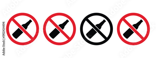 No alcohol sign icon set, prohibition symbol, no drinking warning